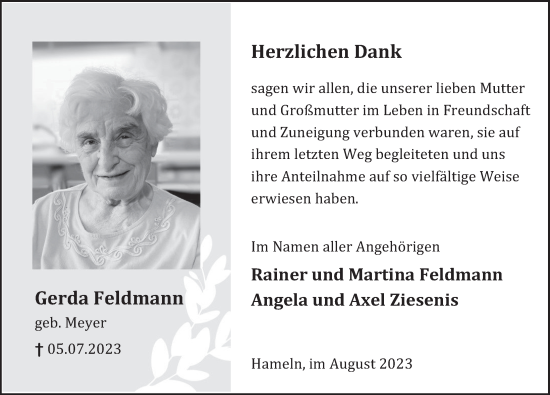 Traueranzeige von Gerda Feldmann von Deister- und Weserzeitung