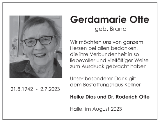 Traueranzeige von Gerdamarie Otte von Deister- und Weserzeitung