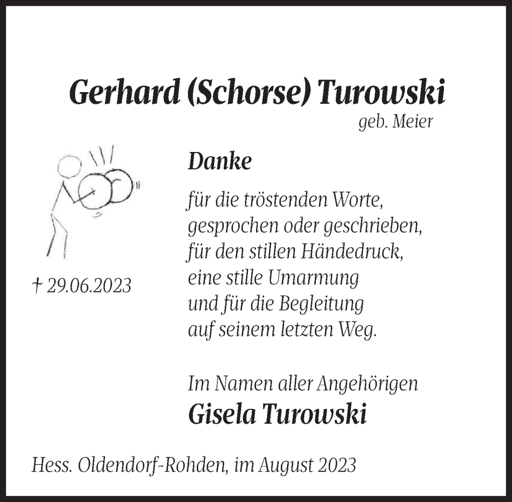  Traueranzeige für Gerhard Turowski vom 05.08.2023 aus Deister- und Weserzeitung