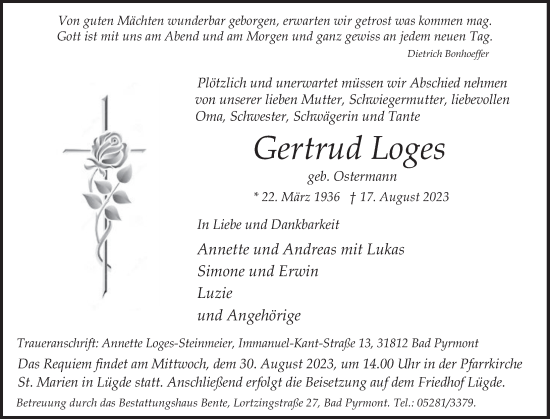 Traueranzeige von Gertrud Loges von Deister- und Weserzeitung