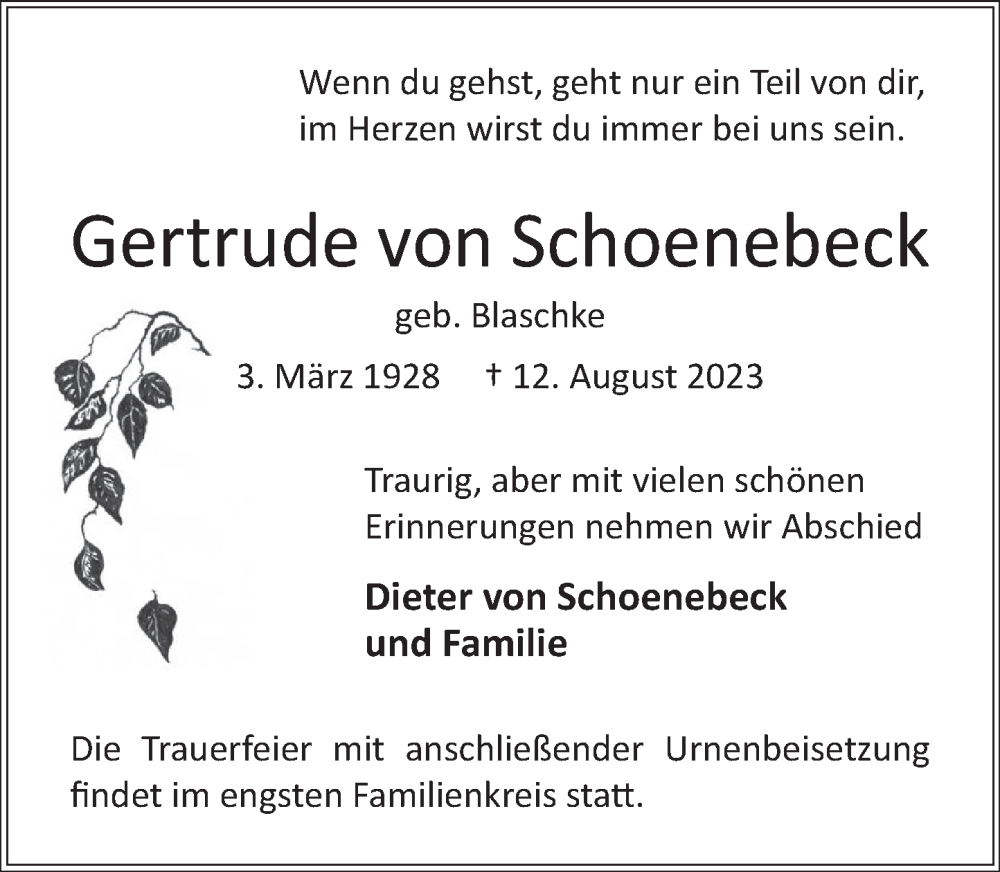  Traueranzeige für Gertrude von Schoenebeck vom 19.08.2023 aus Neue Deister-Zeitung