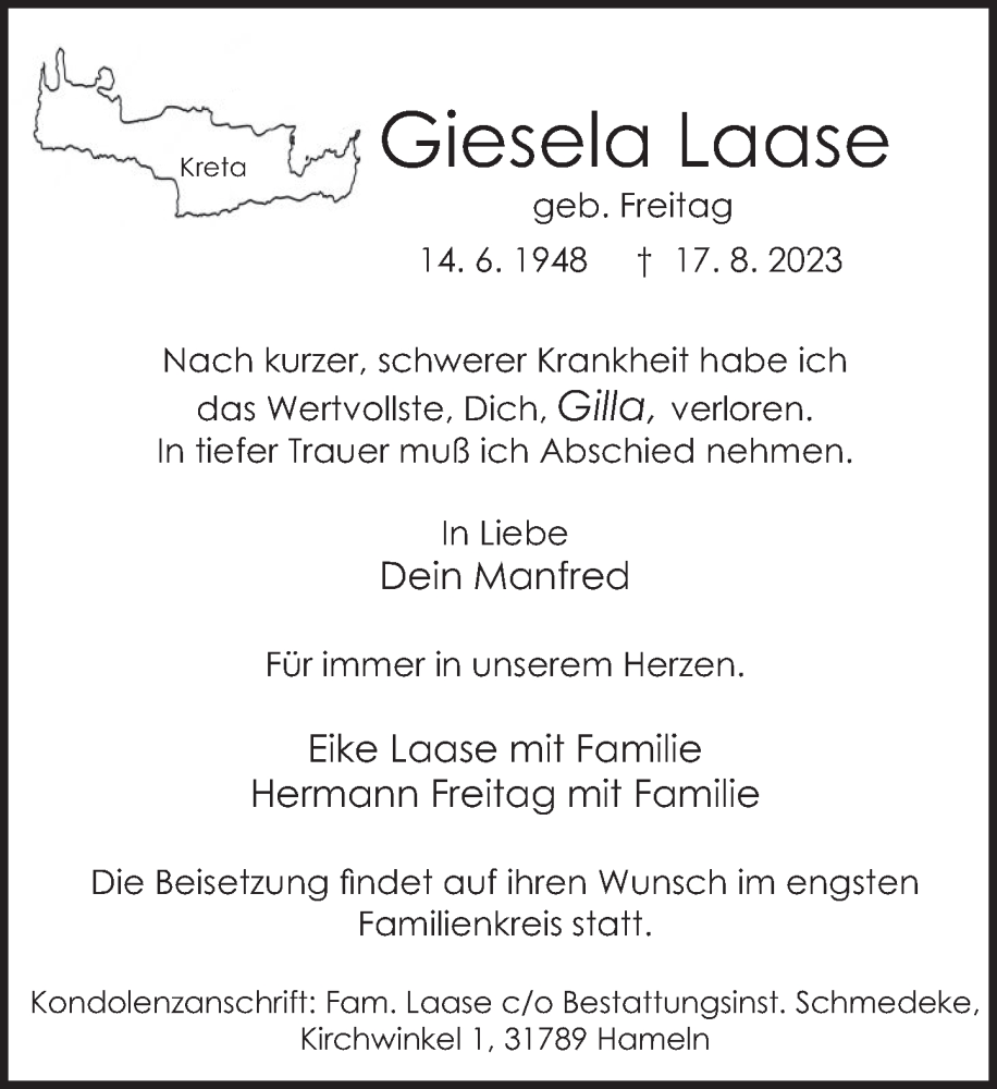  Traueranzeige für Giesela Laase vom 26.08.2023 aus Deister- und Weserzeitung