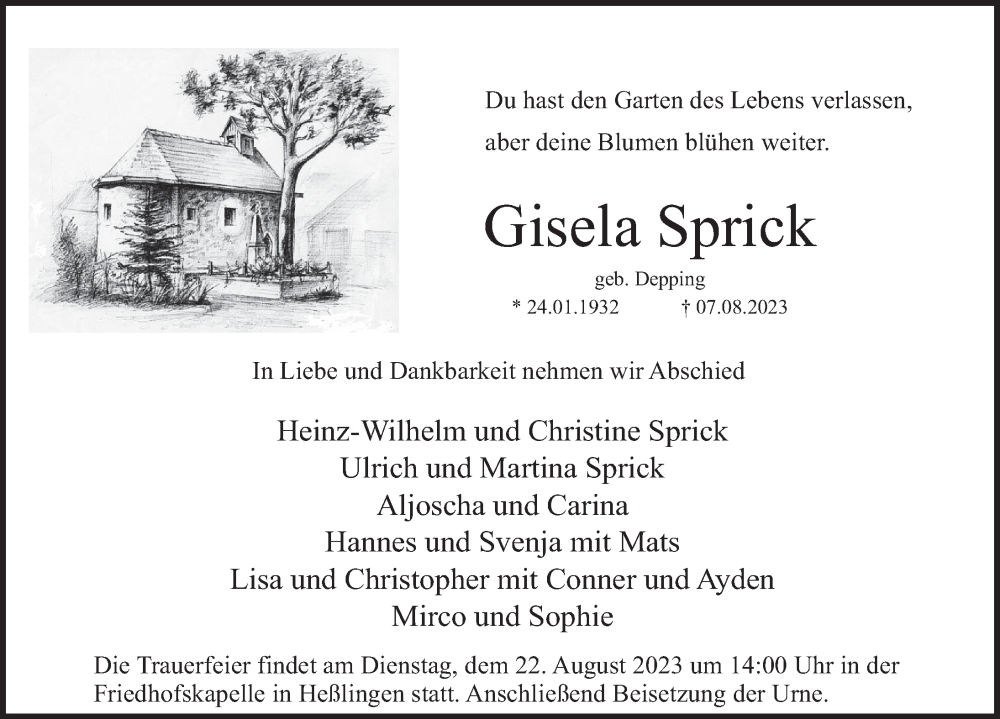  Traueranzeige für Gisela Sprick vom 12.08.2023 aus Deister- und Weserzeitung