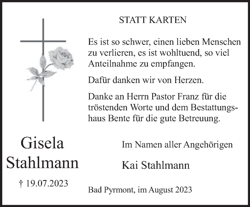  Traueranzeige für Gisela Stahlmann vom 12.08.2023 aus Deister- und Weserzeitung