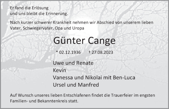 Traueranzeige von Günter Cange von Deister- und Weserzeitung