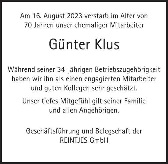 Traueranzeige von Günter Klus von Deister- und Weserzeitung