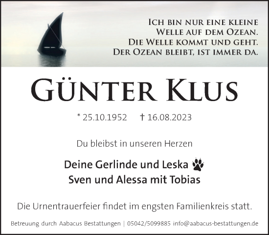 Traueranzeige von Günter Klus von Neue Deister-Zeitung