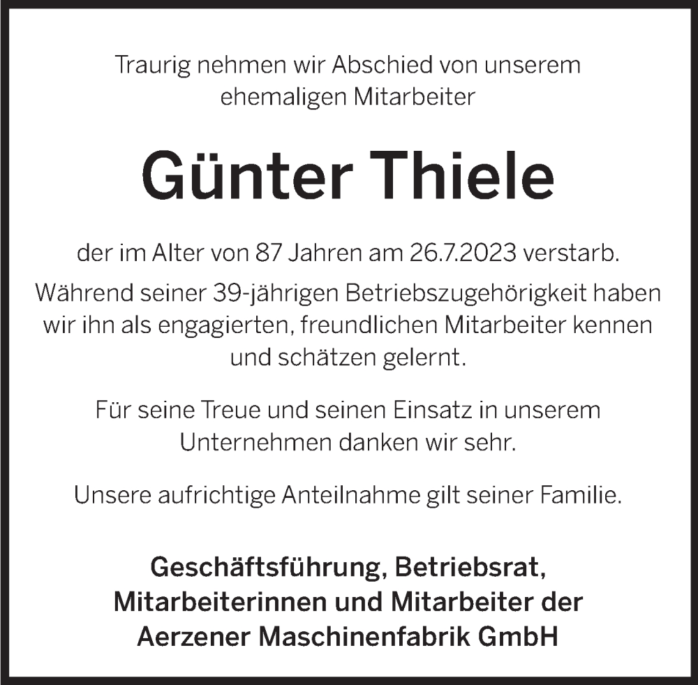 Traueranzeige für Günter Thiele vom 03.08.2023 aus Deister- und Weserzeitung