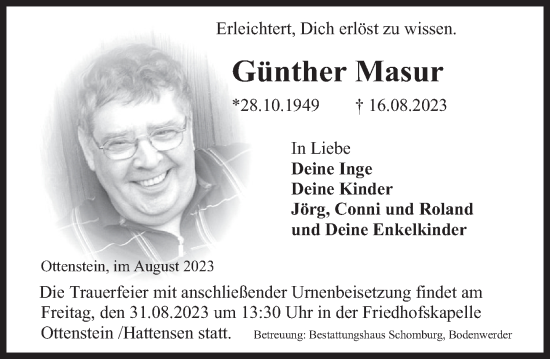 Traueranzeige von Günther Masur von Deister- und Weserzeitung