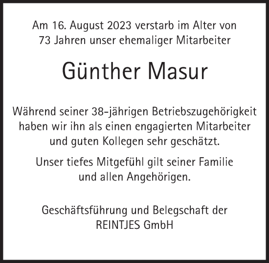 Traueranzeige von Günther Masur von Deister- und Weserzeitung