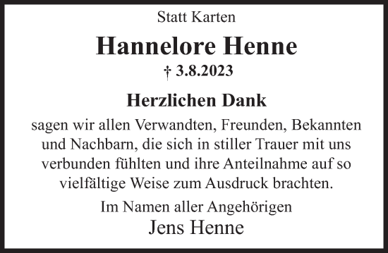 Traueranzeige von Hannelore Henne von Deister- und Weserzeitung