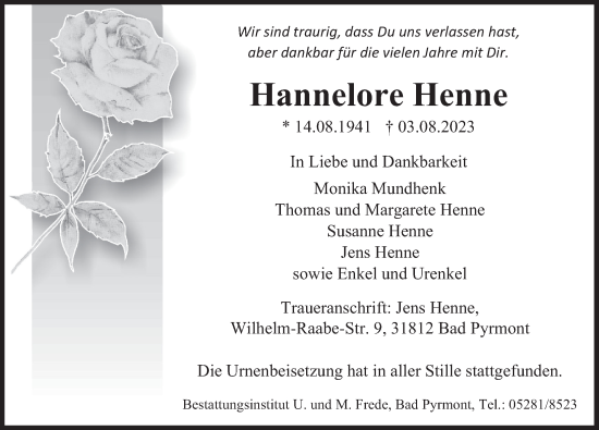Traueranzeige von Hannelore Henne von Deister- und Weserzeitung