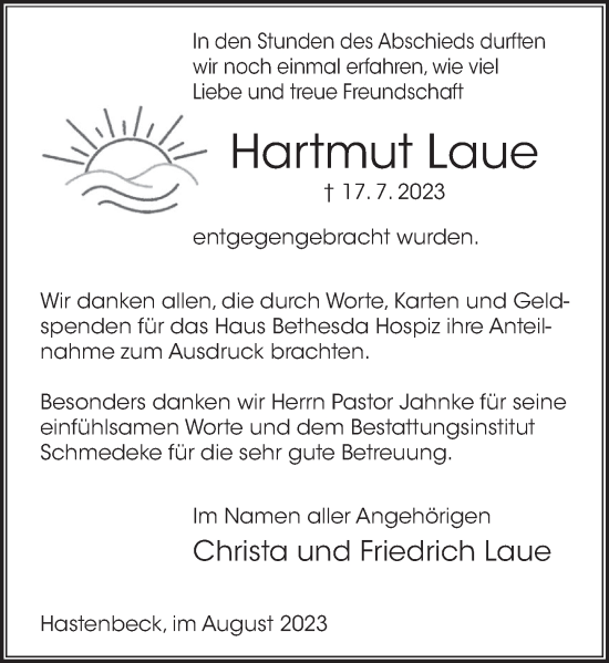 Traueranzeige von Hartmut Laue von Deister- und Weserzeitung