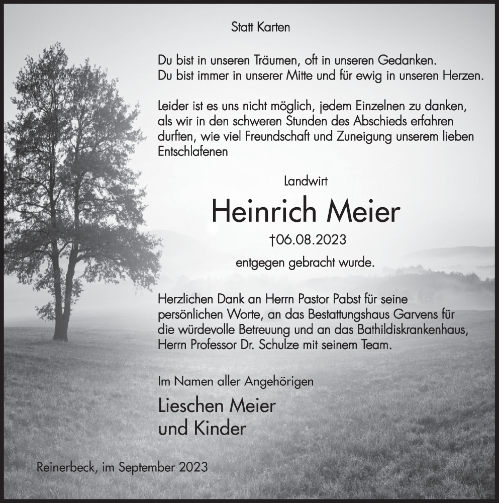  Traueranzeige für Heinrich Meier vom 02.09.2023 aus Deister- und Weserzeitung