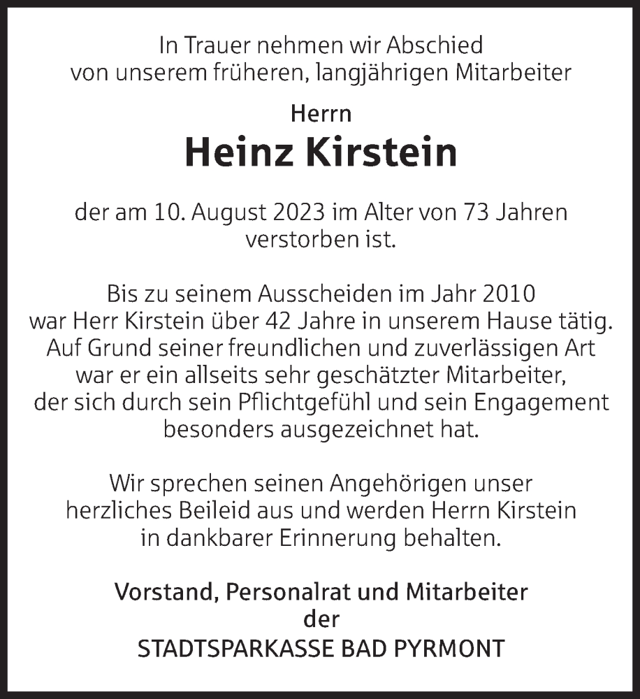  Traueranzeige für Heinz Kirstein vom 19.08.2023 aus Deister- und Weserzeitung