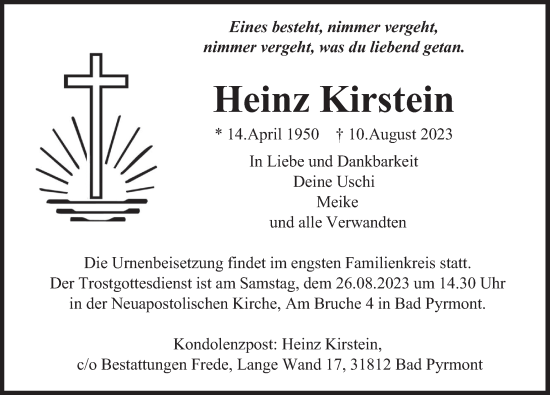 Traueranzeige von Heinz Kirstein von Deister- und Weserzeitung