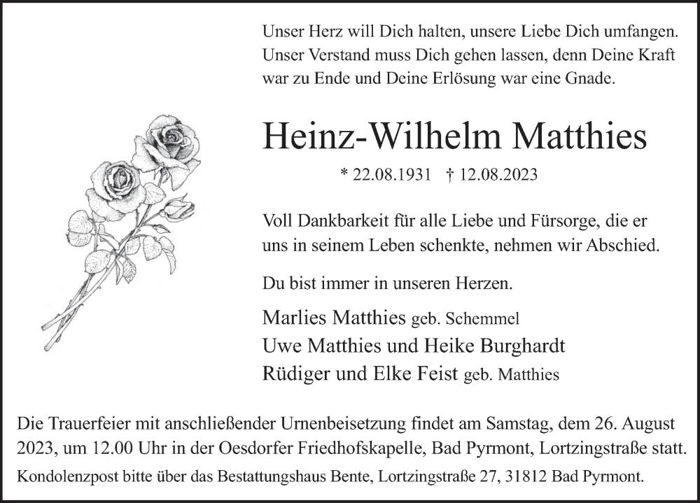  Traueranzeige für Heinz-Wilhelm Matthies vom 19.08.2023 aus Deister- und Weserzeitung