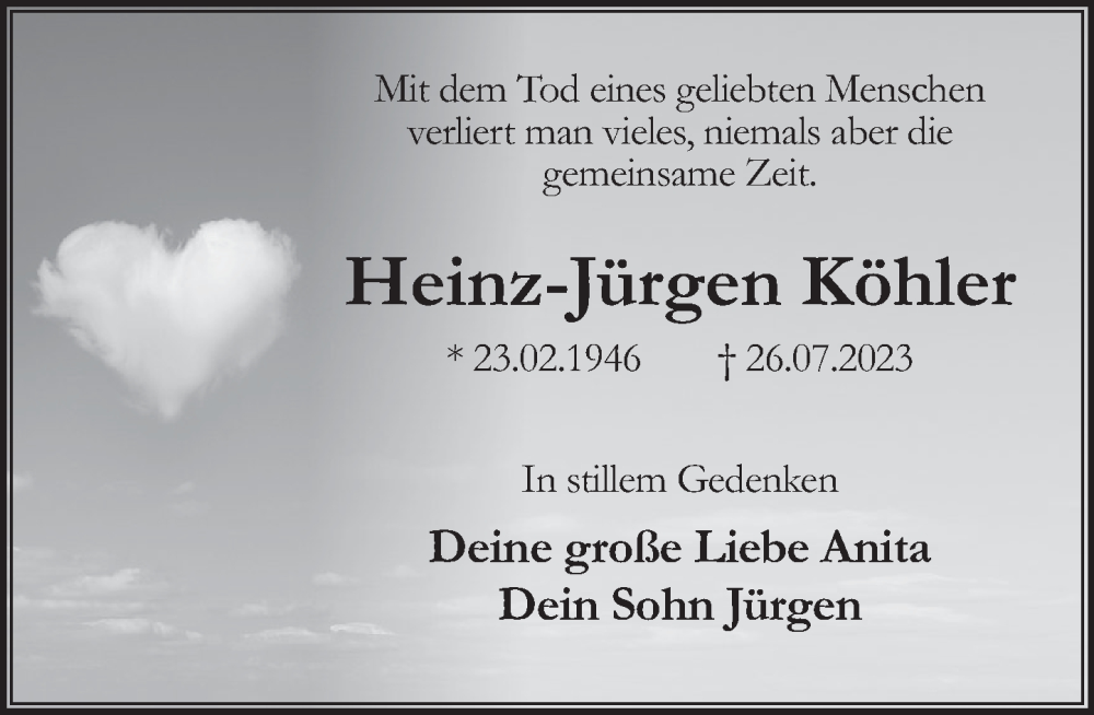  Traueranzeige für Heinz Jürgen Köhler vom 05.08.2023 aus Deister- und Weserzeitung