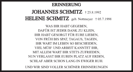 Traueranzeige von Helene Schmitz von Deister- und Weserzeitung