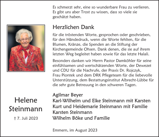 Traueranzeige von Helene Steinmann von Deister- und Weserzeitung