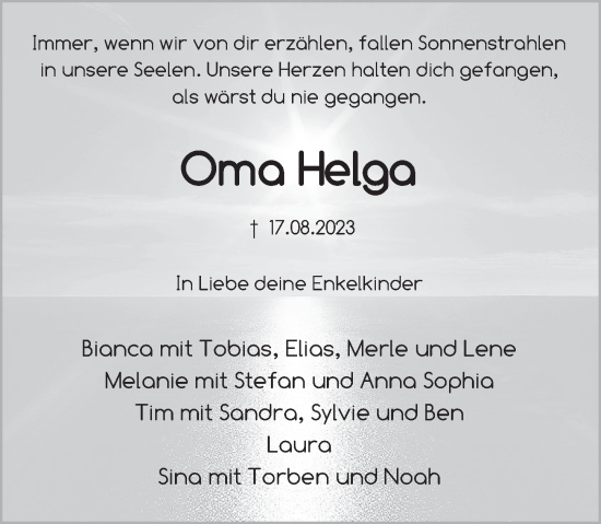 Traueranzeige von Helga  von Deister- und Weserzeitung