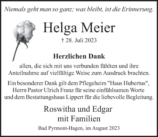 Traueranzeige von Helga Meier von Deister- und Weserzeitung