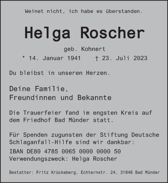 Traueranzeige von Helga Roscher von Neue Deister-Zeitung