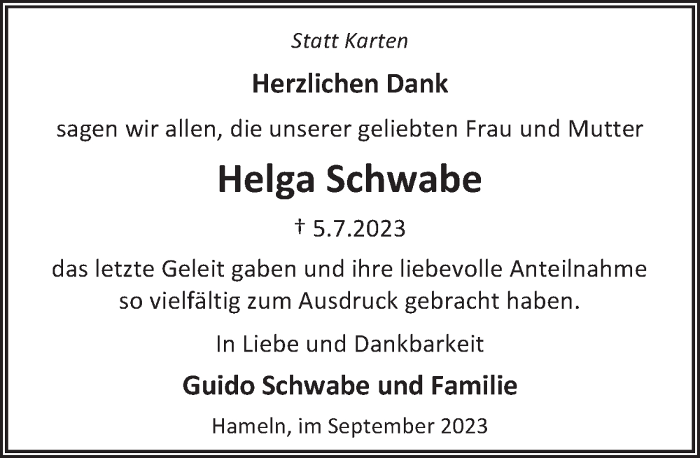  Traueranzeige für Helga Schwabe vom 02.09.2023 aus Deister- und Weserzeitung