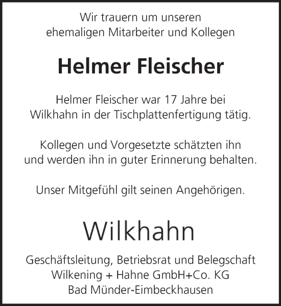 Traueranzeige von Helmer Fleischer von Neue Deister-Zeitung