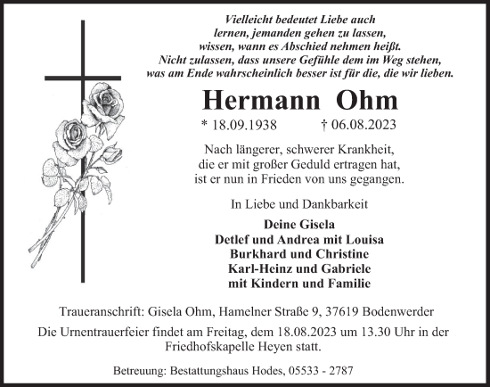 Traueranzeige von Hermann Ohm von Deister- und Weserzeitung