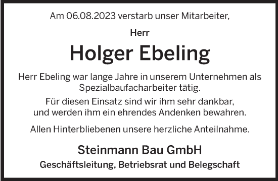 Traueranzeige von Holger Ebeling von Deister- und Weserzeitung