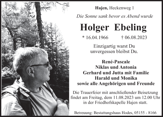 Traueranzeige von Holger Ebeling von Deister- und Weserzeitung