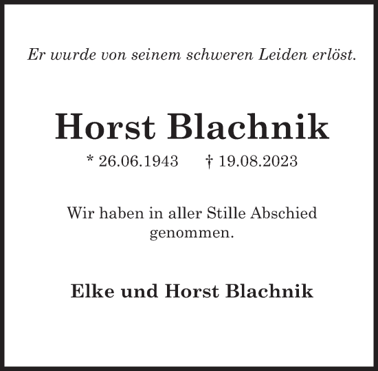 Traueranzeige von Horst Blachnik von Deister- und Weserzeitung
