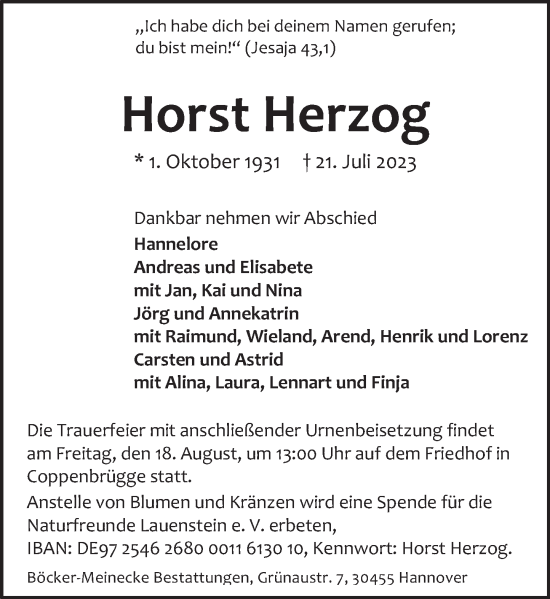 Traueranzeige von Horst Herzog von Deister- und Weserzeitung