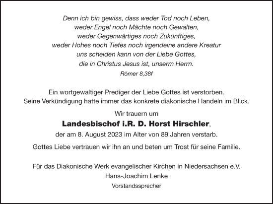 Traueranzeige von Horst Hirschler von Neue Deister-Zeitung