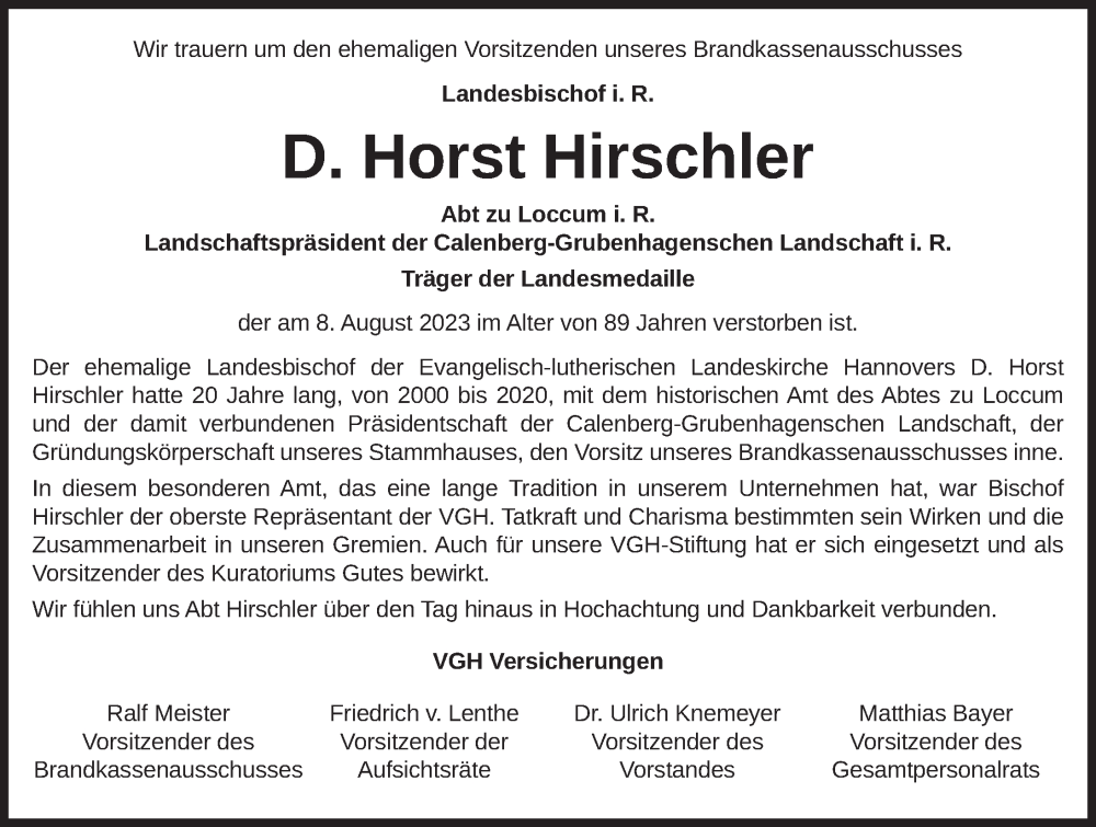  Traueranzeige für Horst Hirschler vom 12.08.2023 aus Deister- und Weserzeitung