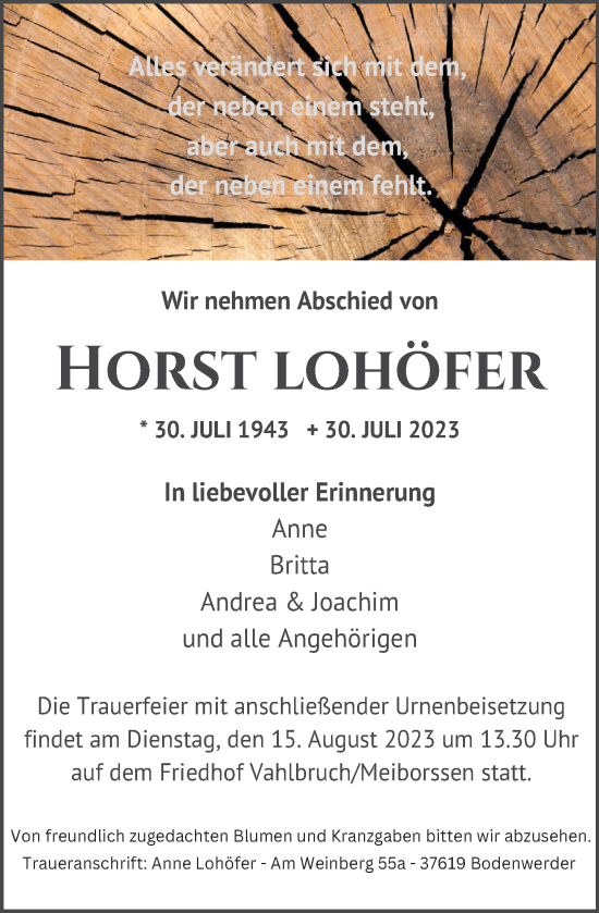 Traueranzeige von Horst Lohöfer von Deister- und Weserzeitung