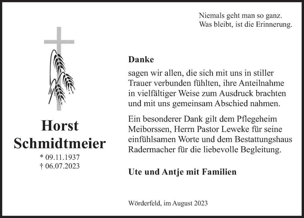  Traueranzeige für Horst Schmidtmeier vom 19.08.2023 aus Deister- und Weserzeitung