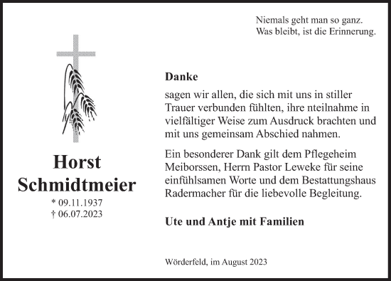 Traueranzeige von Horst Schmidtmeier von Deister- und Weserzeitung
