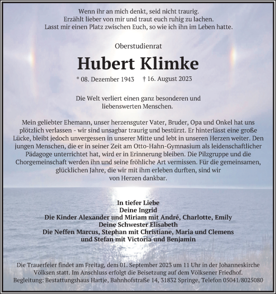 Traueranzeige von Hubert Klimke von Neue Deister-Zeitung