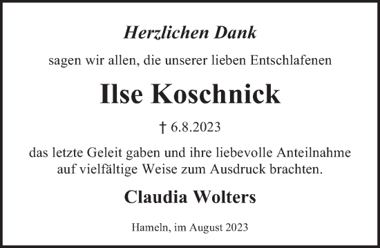 Traueranzeige von Ilse Koschnick von Deister- und Weserzeitung