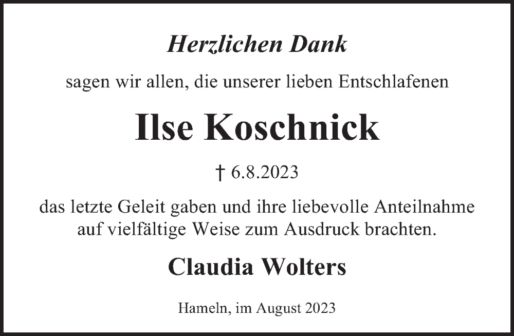  Traueranzeige für Ilse Koschnick vom 26.08.2023 aus Deister- und Weserzeitung