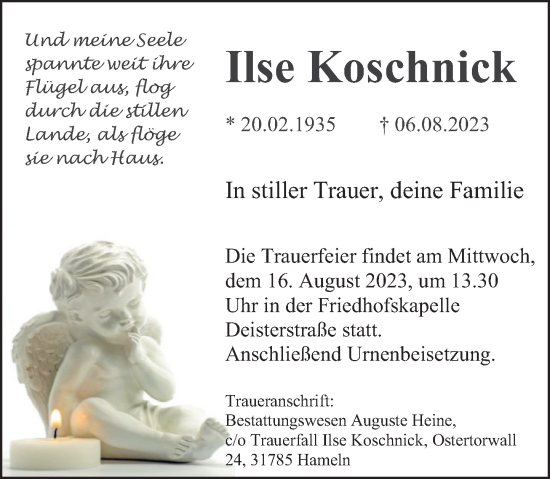 Traueranzeige von Ilse Koschnick von Deister- und Weserzeitung