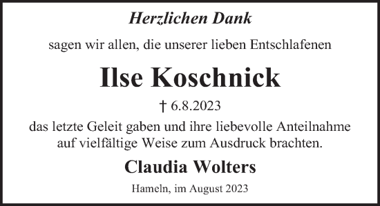 Traueranzeige von Ilse Koschnick von Deister- und Weserzeitung