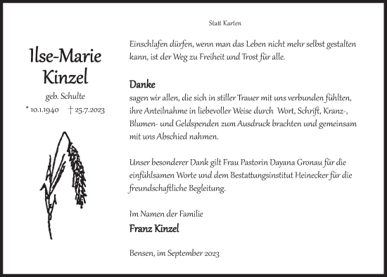 Traueranzeige von Ilse-Marie Kinzel von Deister- und Weserzeitung