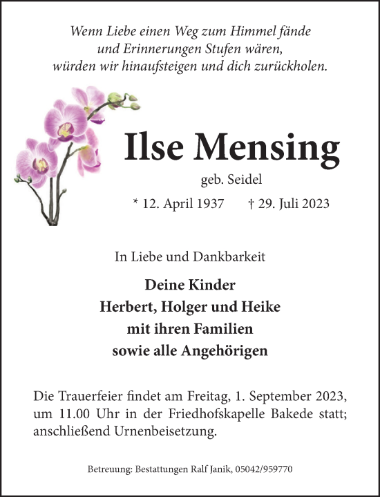 Traueranzeige von Ilse Mensing von Neue Deister-Zeitung