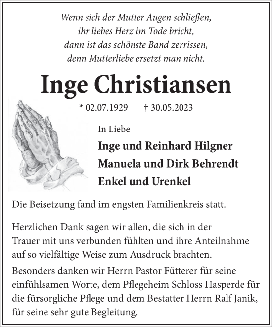 Traueranzeige von Inge Christiansen von Neue Deister-Zeitung