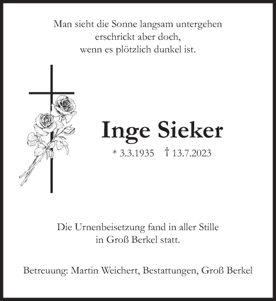 Traueranzeige von Inge Sieker von Deister- und Weserzeitung