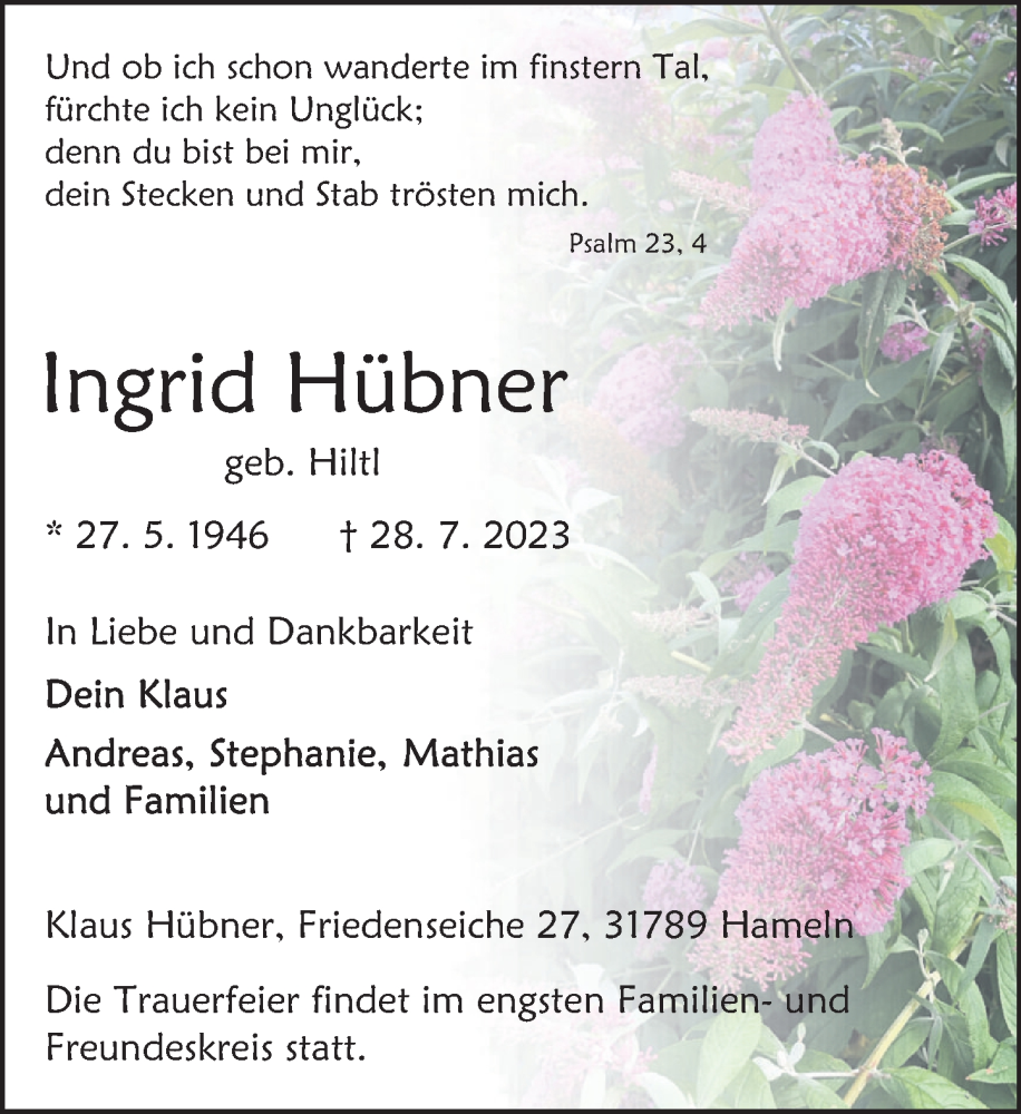  Traueranzeige für Ingrid Hübner vom 05.08.2023 aus Deister- und Weserzeitung