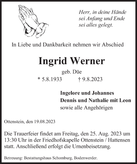 Traueranzeige von Ingrid Werner von Deister- und Weserzeitung
